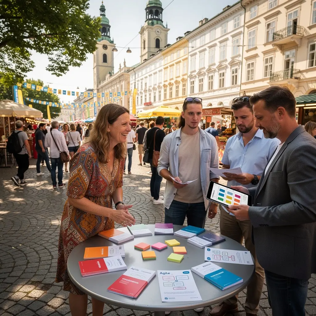 Eine Person hält ein Tablet und betrachtet agile Projektmanagement-Methoden.