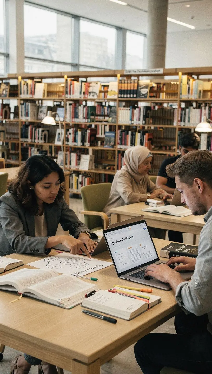 Ein Laptop zeigt eine Online-Kursplattform für Projektmanagement-Zertifikate.